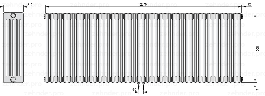 Схема (чертеж) Радиатор Zehnder Charleston 6180/45 №5410 Белый глянцевый RAL 9016
